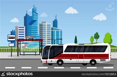 Bus stop with sign and timetable on city background with skyscrapers, public transport, urban landscape, cityscape, vector illustration. Bus stop with sign and timetable on city background with skyscrapers