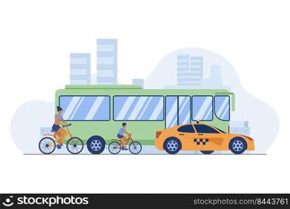 Bus, taxi and cyclist driving on city road. Transport, bicycle, car flat vector illustration. Traffic and urban lifestyle concept for banner, website design or landing web page