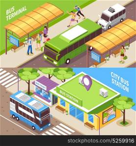 Bus Terminal Isometric Horizontal Banners. Isometric horizontal banners with terminal of automobile public transport and city bus station isolated vector illustration