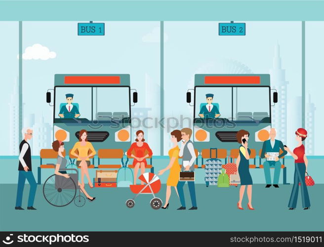 Bus terminal with bus limousine with people waiting for bus, business travel , transportation flat design vector illustration.