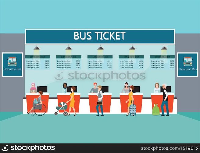 Bus terminal with people buying ticket at counter service, business travel , transportation flat design vector illustration.