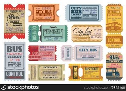Bus tickets retro coupons, city public transport and intercity bus trip. Vector vintage one way and single trip tickets templates of paper and cardboard with date, time and control number perforation. Bus tickets retro coupons, city public transport