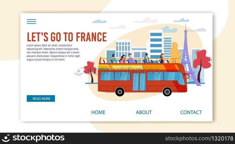 Bus Tours, Professional Excursion in France Trendy Flat Vector Web Banner, Landing Page Template. Tourists Visiting Paris, Observing Famous Attractions from Double-Decker, Open Top Bus Illustration