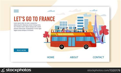 Bus Tours, Professional Excursion in France Trendy Flat Vector Web Banner, Landing Page Template. Tourists Visiting Paris, Observing Famous Attractions from Double-Decker, Open Top Bus Illustration