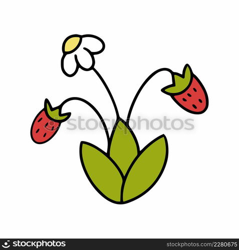 Bush with strawberry berry. Strawberries on twig. A doodle style plant.