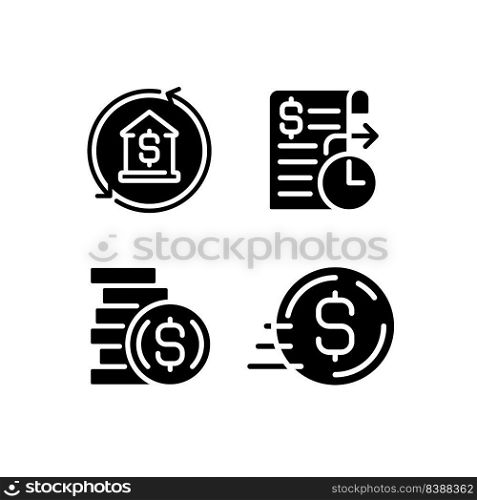 Busi≠ss banking services black glyph icons set on white space. Mortga≥payment. Standing order. Stack of coins. Send mo≠y. Silhouette symbols. Solidπctogram pack. Vector isolated illustration. Busi≠ss banking services black glyph icons set on white space