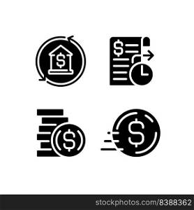 Busi≠ss banking services black glyph icons set on white space. Mortga≥payment. Standing order. Stack of coins. Send mo≠y. Silhouette symbols. Solidπctogram pack. Vector isolated illustration. Busi≠ss banking services black glyph icons set on white space