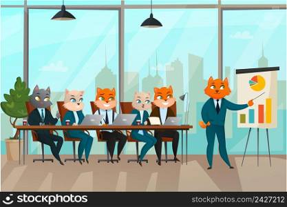 Busi≠ss cat presentation composition with hold a meeting in the conference room vector illustration. Busi≠ss Cat Presentation Illustration