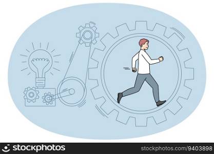 Busi≠ssman running in cogwheel≥≠rating creative busi≠ss ideas. Man walk hurry in≥ar∏ucing project startup or innovation. Motivation and hard work. Vector illustration.. Busi≠ssman running in cogwheel