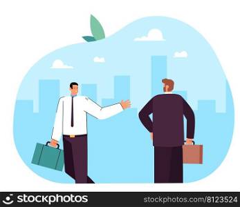 Busi≠ssman with briefcase walking and waving to person in suit. Ma≤office worker greeting flat vector illustration. Busi≠ss comμnication concept for ban≠r, website design or landing web pa≥. Busi≠ssman with briefcase walking and waving to person in suit