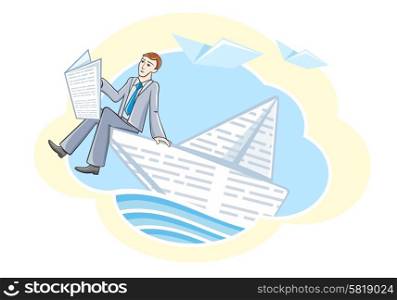 Busines man sitting in boat reading newspaper and sailing on river of information. Knowledge concept in cartoon style