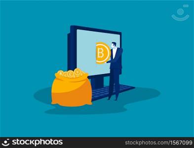 businesman puts golden bitcoins in a bag from a laptop.vector