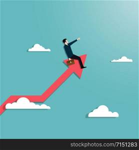 Businesman sitting on red arrow up to the successful with a sky and cloud background. Achievement, goal, career, Vector illustration flat
