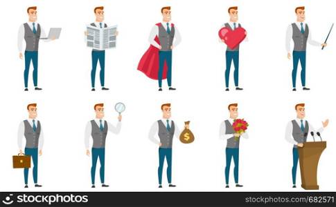 Businesman wearing a red superhero cloak. Full length of businessman dressed as a superhero. Businessman superhero in red cloak. Set of vector flat design illustrations isolated on white background.. Vector set of illustrations with business people.