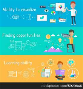 Business ability of visualize learning. Finding opportunities, professional learn and development, skill and motivation, vision strategy, person creative man illustration in flat design