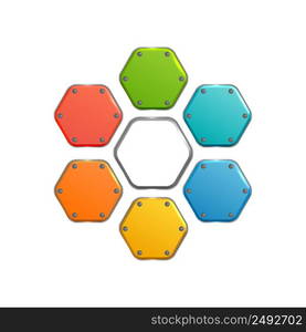 Business abstract web elements collection with colorful metal hexagonal buttons on white background isolated vector illustration. Business Abstract Web Elements Collection