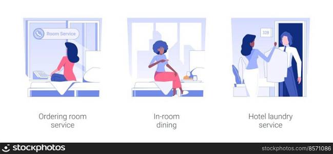 Business accommodation facilities isolated concept vector illustration set. Ordering room service, in-room dining, hotel laundry service, dry cleaning and ironing clothes vector cartoon.. Business accommodation facilities isolated concept vector illustrations.