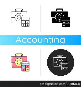 Business account icon. Track cash balance and transactions made by company during specific period. Money owned by person. Linear black and RGB color styles. Isolated vector illustrations. Business account icon