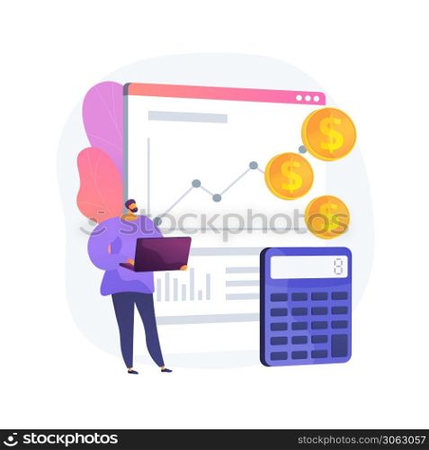 Business accounting, profit growth, calculation. Data analysis, analytics and statistics. Accountant, bookkeeper with laptop cartoon character. Vector isolated concept metaphor illustration.. Business accounting vector concept metaphor.