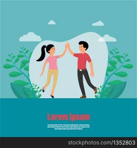 Business achievement. Give five to each other. Man and women jump touch hand to success. Concept of help. Friendship is support and help. Couple of two happy smiling people. Vector illustration flat