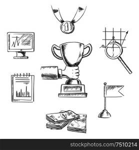 Business, achievement, management, creative and success sketch icons with human hand, trophy cup, flag, money, chart, notebook, monitor, medal and magnifying glass symbols. Sketch of business, achievment and success symbols