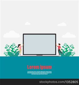 Business achievement of background. Presentation for work on a laptop. Couple of two happy smiling people. Empty space for text you. Vector illustration flat style