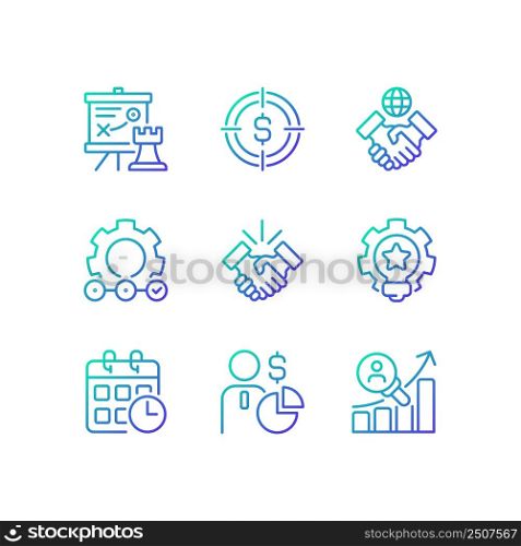 Business activities gradient linear vector icons set. Strategic management. Investment target. Deal making. Thin line contour symbol designs bundle. Isolated outline illustrations collection. Business activities gradient linear vector icons set
