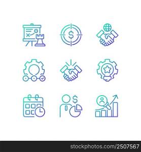 Business activities gradient linear vector icons set. Strategic management. Investment target. Deal making. Thin line contour symbol designs bundle. Isolated outline illustrations collection. Business activities gradient linear vector icons set
