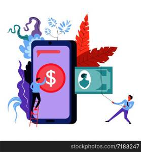 Business activities mobile phone with financial application to withdraw money vector. Dollar currency, USD united america banknote and logo. Teamwork of people, foliage and decoration leaves. Business activities mobile phone with application to withdraw vector