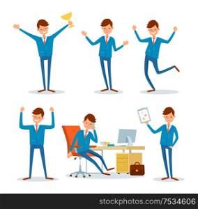 Business activities of businessman, people at work, office worker talking on phone vector. Person presenting plan strategy. Boss holding award trophy. Business Activities of Businessman, People at Work