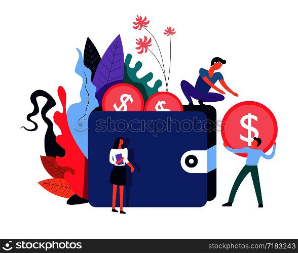 Business activities of people investing coins in wallet vector. Withdrawal of sum from account of user. Economics and saving in american USD dollar currency, teamwork and floral leaves decoration. Business activities of people investing coins in wallet vector