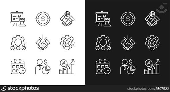 Business activities pixel perfect linear icons set for dark, light mode. Thin line symbols for night, day theme. Isolated illustrations. Editable stroke. Montserrat Bold, Light fonts used. Business activities pixel perfect linear icons set for dark, light mode