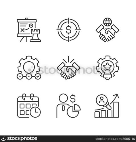 Business activities pixel perfect linear icons set. Strategic management. Customizable thin line symbols. Isolated vector outline illustrations. Editable stroke. Montserrat Bold, Light fonts used. Business activities pixel perfect linear icons set