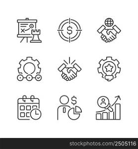 Business activities pixel perfect linear icons set. Strategic management. Customizable thin line symbols. Isolated vector outline illustrations. Editable stroke. Montserrat Bold, Light fonts used. Business activities pixel perfect linear icons set