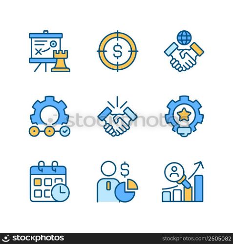 Business activities pixel perfect RGB color icons set. Strategic management. Isolated vector illustrations. Simple filled line drawings collection. Editable stroke. Montserrat Bold, Light fonts used. Business activities pixel perfect RGB color icons set