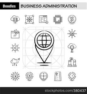 Business Administration Hand Drawn Icons Set For Infographics, Mobile UX/UI Kit And Print Design. Include: Target, Focus, Arrow, Direction, Document, File, Globe, Internet, Collection Modern Infographic Logo and Pictogram. - Vector