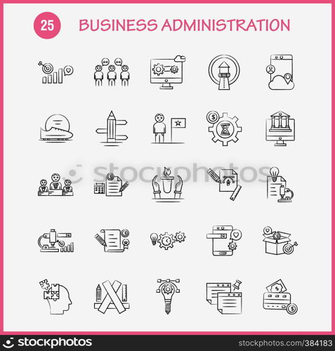 Business Administration Hand Drawn Icons Set For Infographics, Mobile UX/UI Kit And Print Design. Include: Pencil, Smartphone, Scale, Vector, Helmet, Protection, Sports, Games, Collection Modern Infographic Logo and Pictogram. - Vector