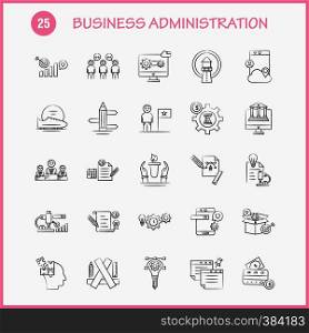 Business Administration Hand Drawn Icons Set For Infographics, Mobile UX/UI Kit And Print Design. Include: Pencil, Smartphone, Scale, Vector, Helmet, Protection, Sports, Games, Collection Modern Infographic Logo and Pictogram. - Vector