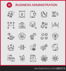 Business Administration Hand Drawn Icons Set For Infographics, Mobile UX/UI Kit And Print Design. Include: Gear, Setting, Engine, Globe, Document, Files, File, Star, Eps 10 - Vector