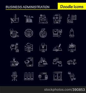 Business Administration Hand Drawn Icons Set For Infographics, Mobile UX/UI Kit And Print Design. Include: Monitor, Computer, Screen, Search, Avatar, Gear, Website, Engine, Eps 10 - Vector