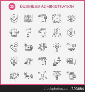 Business Administration Hand Drawn Icons Set For Infographics, Mobile UX/UI Kit And Print Design. Include: Internet Setting, Setting, Gear, Globe, Tshirt, Shirt, Sports Eps 10 - Vector