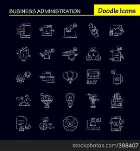 Business Administration Hand Drawn Icons Set For Infographics, Mobile UX/UI Kit And Print Design. Include: Brain, Mind, Setting, Gear, Beaker, Chemical, Document, Gear, Collection Modern Infographic Logo and Pictogram. - Vector