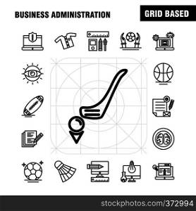 Business Administration Line Icons Set For Infographics, Mobile UX/UI Kit And Print Design. Include: Pencil, Smartphone, Scale, Vector, Helmet, Protection, Sports, Games, Collection Modern Infographic Logo and Pictogram. - Vector