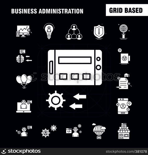 Business Administration Solid Glyph Icons Set For Infographics, Mobile UX/UI Kit And Print Design. Include: Brain, Mind, Setting, Gear, Beaker, Chemical, Document, Gear, Collection Modern Infographic Logo and Pictogram. - Vector