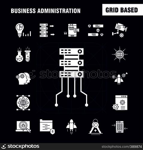 Business Administration Solid Glyph Icons Set For Infographics, Mobile UX/UI Kit And Print Design. Include: Graph, Dollar, Business, Money, Gear, Setting, Pencil, Writing, Eps 10 - Vector