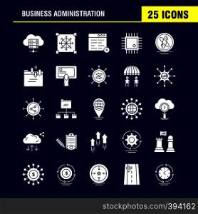 Business Administration Solid Glyph Icons Set For Infographics, Mobile UX/UI Kit And Print Design. Include: Target, Focus, Arrow, Direction, Document, File, Globe, Internet, Collection Modern Infographic Logo and Pictogram. - Vector