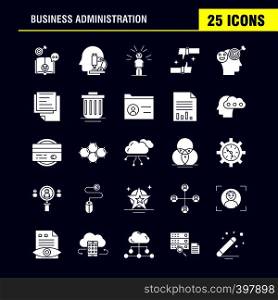 Business Administration Solid Glyph Icons Set For Infographics, Mobile UX/UI Kit And Print Design. Include: Graph, Chart, Pie Chart, Document, Hammer, Justice, Lawyer, Collection Modern Infographic Logo and Pictogram. - Vector