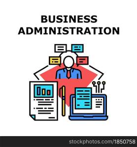 Business Administration Vector Icon Concept. Business Administration And Management, Businessman Thinking And Planning Task, Analyzing Chart And Working On Laptop Color Illustration. Business Administration Concept Color Illustration