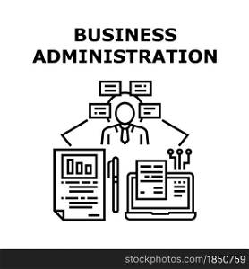 Business Administration Vector Icon Concept. Business Administration And Management, Businessman Thinking And Planning Task, Analyzing Chart And Working On Laptop Black Illustration. Business Administration Concept Black Illustration
