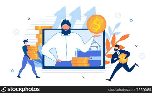 Business Advisor with Wallet and Cash on Screen. Happy Rich Office Workers. Businessman Runs with Gold Dollar, Employee Carries Money Pile. Vector Earning and Spending Money in Internet Illustration. Business Advisor on Screen and Rich Office Workers